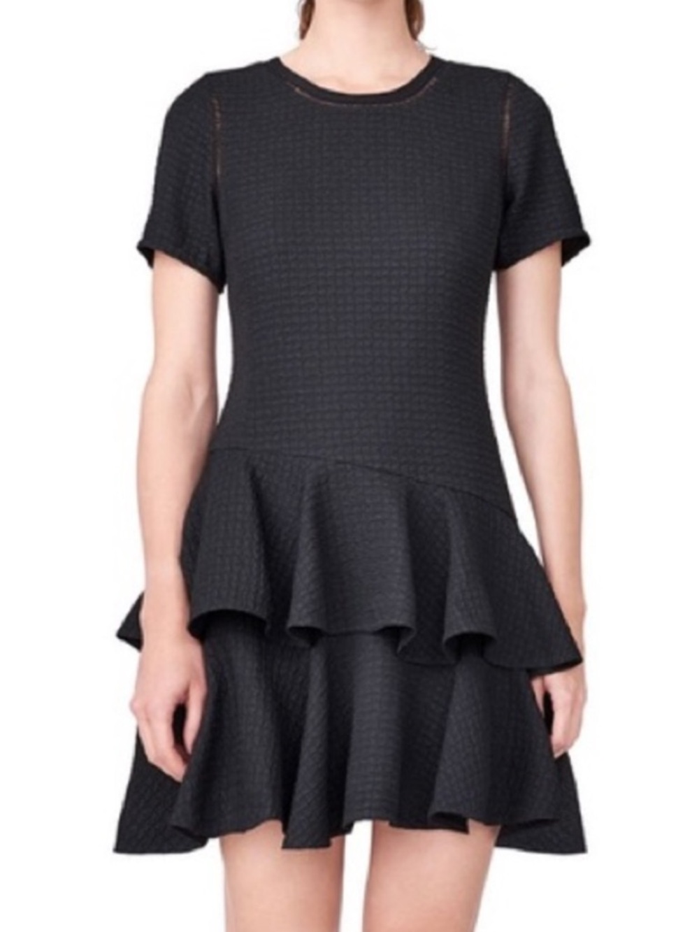 Rebecca Taylor Black Textured Dress Pucker Ruffle Jacquard Size 10 Short Sleeve